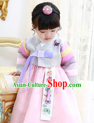 Korean National Handmade Formal Occasions Girls Clothing Palace Hanbok Costume Embroidered Grey Blouse and Pink Dress for Kids