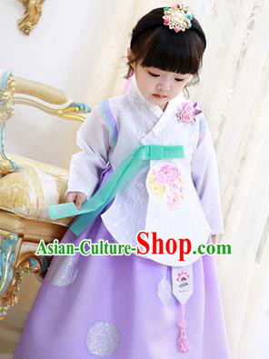 Korean National Handmade Formal Occasions Girls Clothing Palace Hanbok Costume Embroidered White Lace Blouse and Purple Dress for Kids