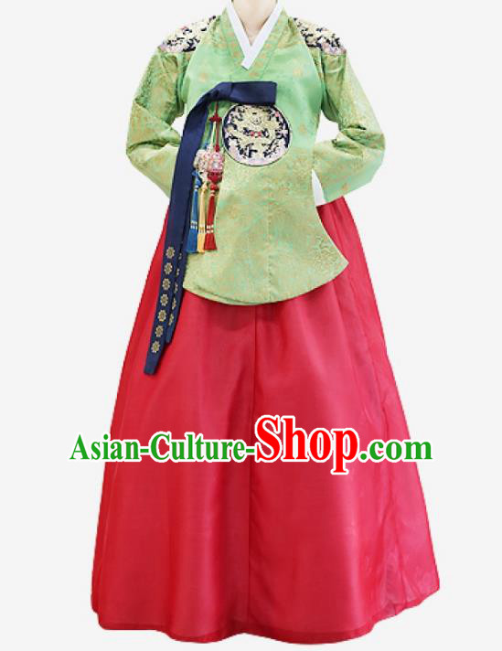 Top Grade Korean National Handmade Wedding Clothing Palace Bride Hanbok Costume Embroidered Green Blouse and Red Dress for Women