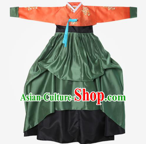 Top Grade Korean National Handmade Wedding Clothing Palace Bride Hanbok Costume Embroidered Orange Blouse and Green Dress for Women