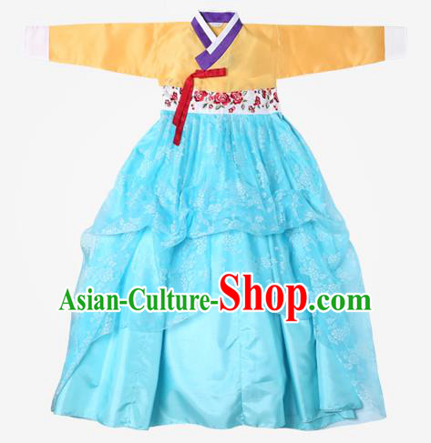 Top Grade Korean National Handmade Wedding Clothing Palace Bride Hanbok Costume Embroidered Yellow Blouse and Blue Dress for Women