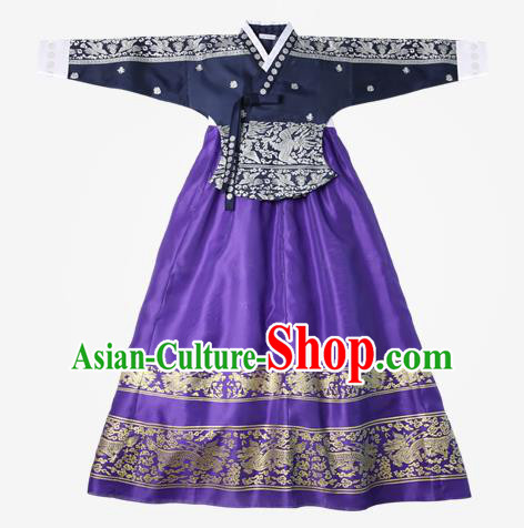 Top Grade Korean National Handmade Wedding Clothing Palace Bride Hanbok Costume Embroidered Navy Blouse and Purple Dress for Women