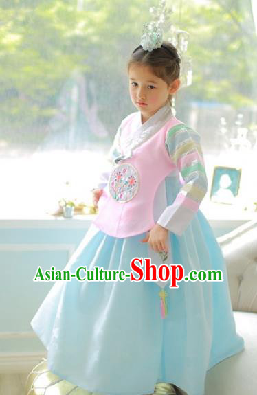 Korean National Handmade Formal Occasions Girls Clothing Palace Hanbok Costume Embroidered Pink Blouse and Blue Dress for Kids