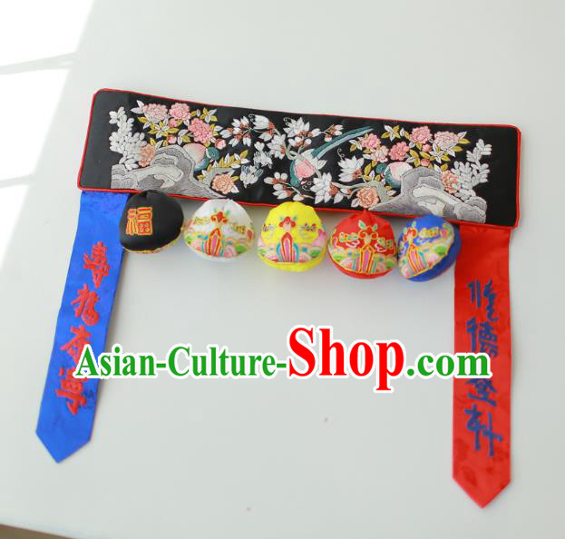 Traditional Korean Accessories Embroidered Birds Flowers Black Waist Belts, Asian Korean Fashion Waistband Decorations for Kids