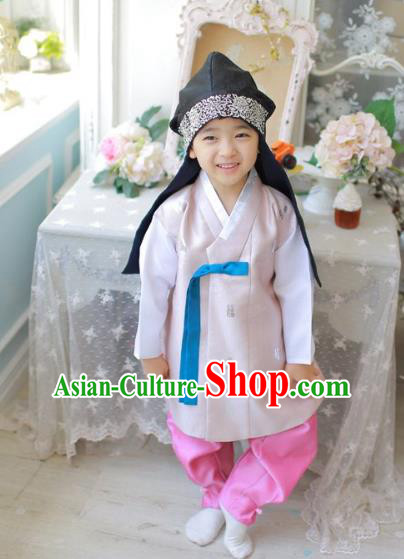 Asian Korean National Traditional Handmade Formal Occasions Boys Embroidery Pink Vest Hanbok Costume Complete Set for Kids