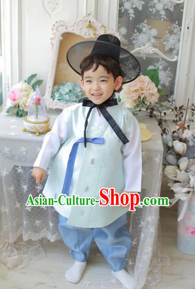 Asian Korean National Traditional Handmade Formal Occasions Boys Embroidery Green Vest Hanbok Costume Complete Set for Kids