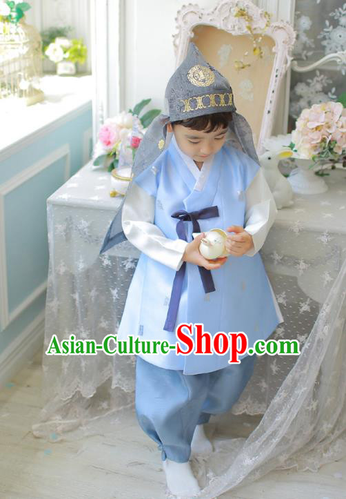 Asian Korean National Traditional Handmade Formal Occasions Boys Embroidery Blue Vest Hanbok Costume Complete Set for Kids