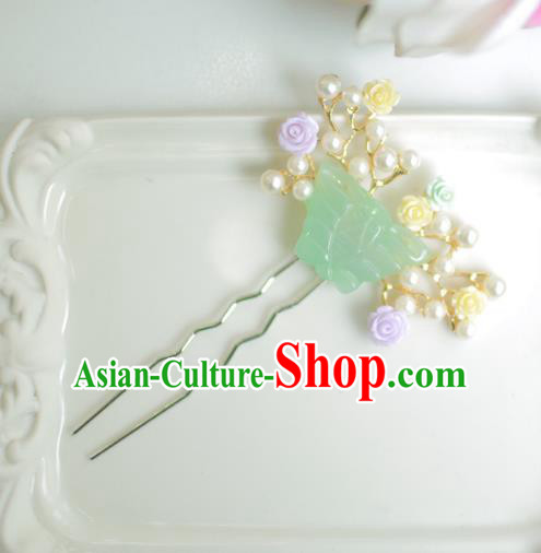 Korean National Hair Accessories Wedding Bride Jade Butterfly Hairpins, Asian Korean Hanbok Hair Stick Headwear for Kids