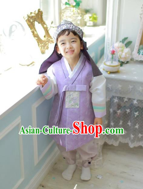 Asian Korean National Traditional Handmade Formal Occasions Boys Embroidery Purple Vest Hanbok Costume Complete Set for Kids