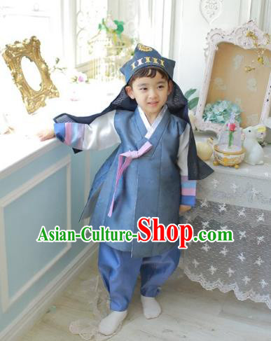 Asian Korean National Traditional Handmade Formal Occasions Boys Embroidery Deep Blue Vest Hanbok Costume Complete Set for Kids