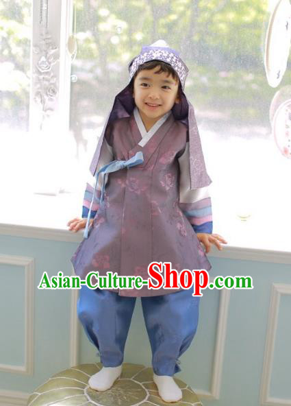 Asian Korean National Traditional Handmade Formal Occasions Boys Embroidery Purple Vest Hanbok Costume Complete Set for Kids