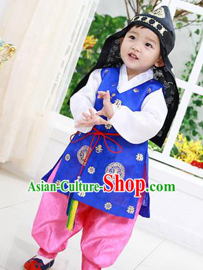 Asian Korean National Traditional Handmade Formal Occasions Boys Embroidery Blue Vest Hanbok Costume Complete Set for Kids