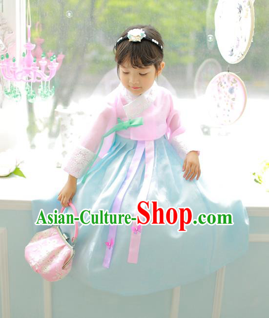 Korean National Handmade Formal Occasions Girls Clothing Palace Hanbok Costume Embroidered Pink Blouse and Blue Dress for Kids