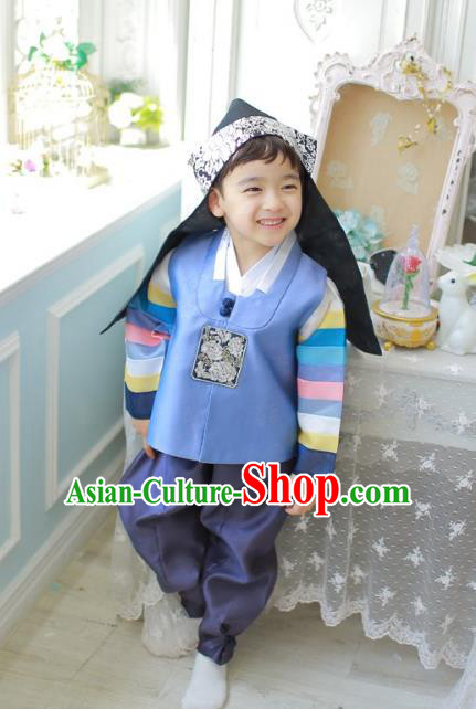 Asian Korean National Traditional Handmade Formal Occasions Boys Embroidery Blue Vest Hanbok Costume Complete Set for Kids