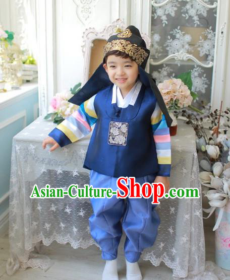 Asian Korean National Traditional Handmade Formal Occasions Boys Embroidery Deep Blue Vest Hanbok Costume Complete Set for Kids