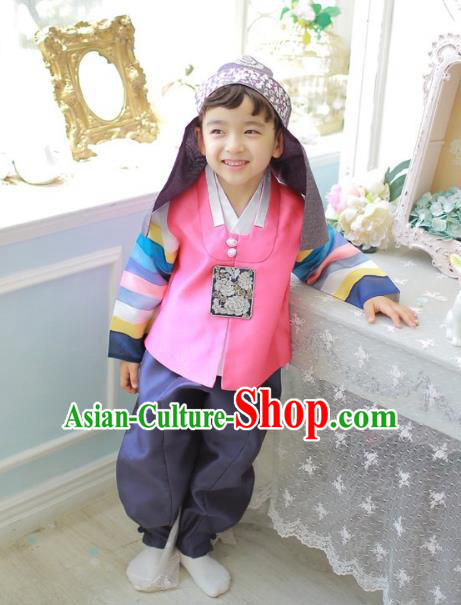 Asian Korean National Traditional Handmade Formal Occasions Boys Embroidery Pink Vest Hanbok Costume Complete Set for Kids