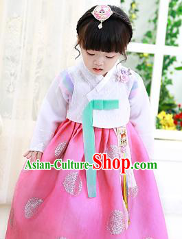 Korean National Handmade Formal Occasions Girls Clothing Palace Hanbok Costume Embroidered White Blouse and Pink Dress for Kids