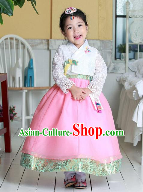 Korean National Handmade Formal Occasions Girls Clothing Palace Hanbok Costume Embroidered White Lace Blouse and Pink Dress for Kids