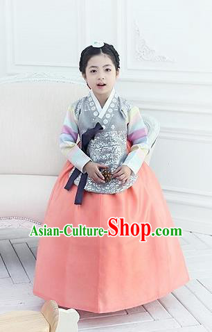 Korean National Handmade Formal Occasions Girls Clothing Palace Hanbok Costume Embroidered Grey Blouse and Orange Dress for Kids