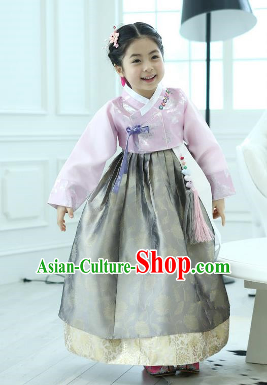 Korean National Handmade Formal Occasions Girls Clothing Palace Hanbok Costume Embroidered Pink Blouse and Grey Dress for Kids