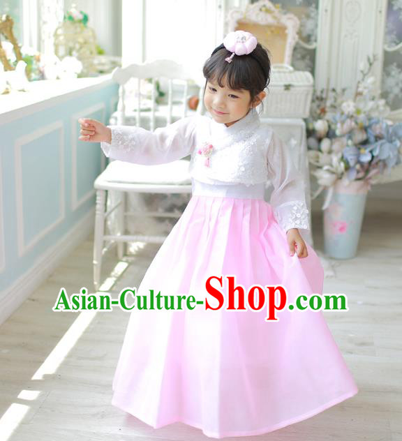 Korean National Handmade Formal Occasions Girls Clothing Palace Hanbok Costume Embroidered White Lace Blouse and Pink Dress for Kids