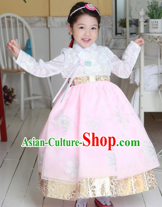 Korean National Handmade Formal Occasions Girls Clothing Palace Hanbok Costume Embroidered White Blouse and Pink Dress for Kids