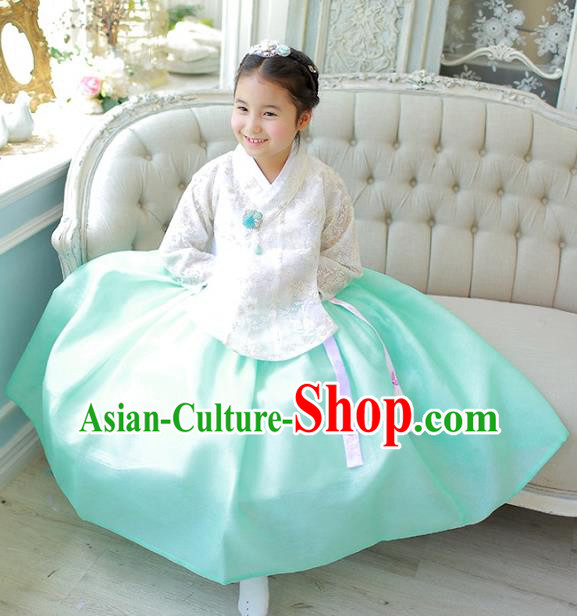 Korean National Handmade Formal Occasions Girls Clothing Palace Hanbok Costume Embroidered White Lace Blouse and Green Dress for Kids