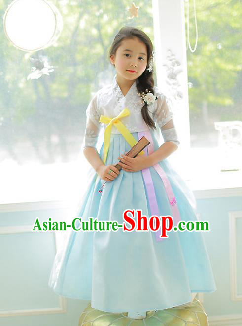 Korean National Handmade Formal Occasions Girls Clothing Palace Hanbok Costume Embroidered White Lace Blouse and Blue Dress for Kids