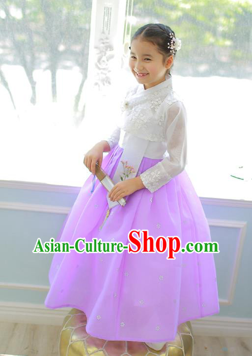 Korean National Handmade Formal Occasions Girls Clothing Palace Hanbok Costume Embroidered White Lace Blouse and Purple Dress for Kids