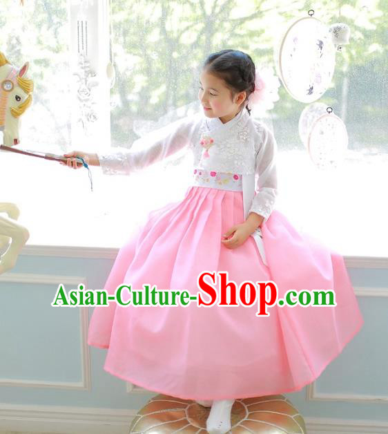 Korean National Handmade Formal Occasions Girls Clothing Palace Hanbok Costume Embroidered White Lace Blouse and Pink Dress for Kids