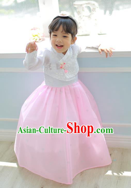 Korean National Handmade Formal Occasions Girls Clothing Palace Hanbok Costume Embroidered White Lace Blouse and Pink Dress for Kids