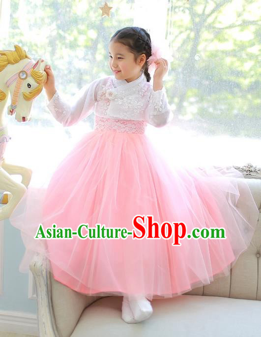 Korean National Handmade Formal Occasions Girls Clothing Palace Hanbok Costume Embroidered White Lace Blouse and Pink Dress for Kids