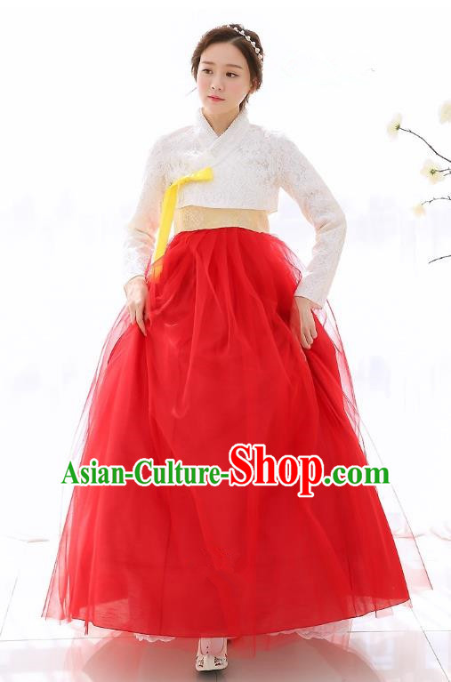 Top Grade Korean National Handmade Wedding Clothing Palace Bride Hanbok Costume Embroidered White Blouse and Red Dress for Women