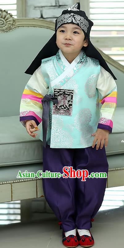 Asian Korean National Traditional Handmade Formal Occasions Boys Embroidery Green Vest Hanbok Costume Complete Set for Kids