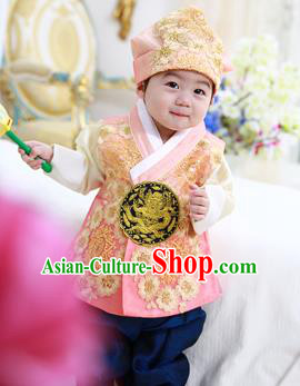 Asian Korean National Traditional Handmade Formal Occasions Boys Embroidery Orange Vest Hanbok Costume Complete Set for Kids