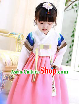 Korean National Handmade Formal Occasions Girls Clothing Palace Hanbok Costume Embroidered White Blouse and Pink Dress for Kids