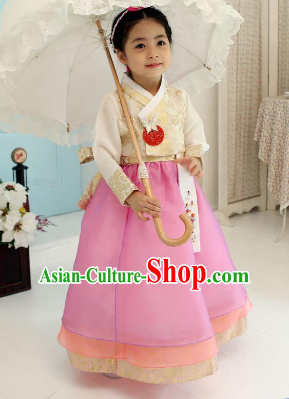 Korean National Handmade Formal Occasions Girls Clothing Palace Hanbok Costume Embroidered Yellow Blouse and Pink Dress for Kids