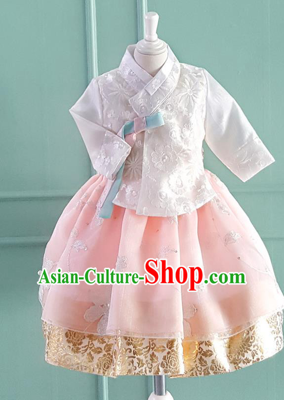 Korean National Handmade Formal Occasions Girls Clothing Palace Hanbok Costume Embroidered White Blouse and Pink Dress for Kids