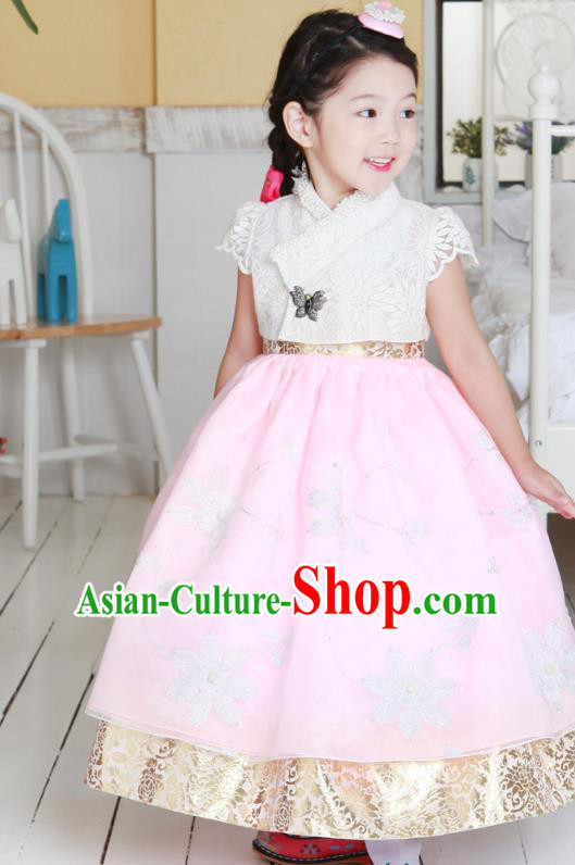 Korean National Handmade Formal Occasions Girls Clothing Palace Hanbok Costume Embroidered White Lace Blouse and Pink Dress for Kids