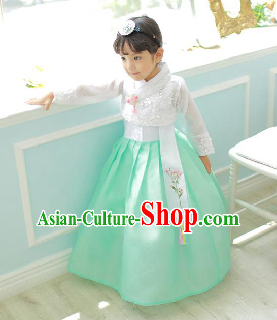 Korean National Handmade Formal Occasions Girls Clothing Palace Hanbok Costume Embroidered White Lace Blouse and Green Dress for Kids