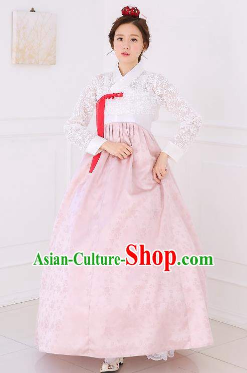 Top Grade Korean National Handmade Wedding Clothing Palace Bride Hanbok Costume Embroidered White Lace Blouse and Pink Dress for Women