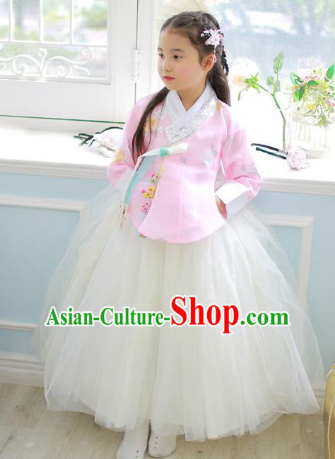 Korean National Handmade Formal Occasions Girls Clothing Palace Hanbok Costume Embroidered Pink Blouse and White Veil Dress for Kids