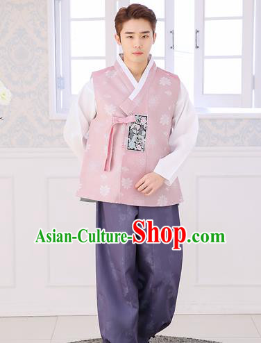Asian Korean National Traditional Formal Occasions Wedding Bridegroom Embroidery Pink Vest Hanbok Costume Complete Set for Men