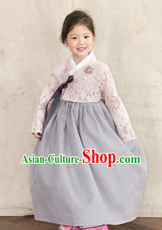 Korean National Handmade Formal Occasions Girls Clothing Palace Hanbok Costume Embroidered Pink Blouse and Grey Dress for Kids