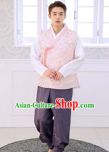 Asian Korean National Traditional Formal Occasions Wedding Bridegroom Embroidery Pink Vest Hanbok Costume Complete Set for Men