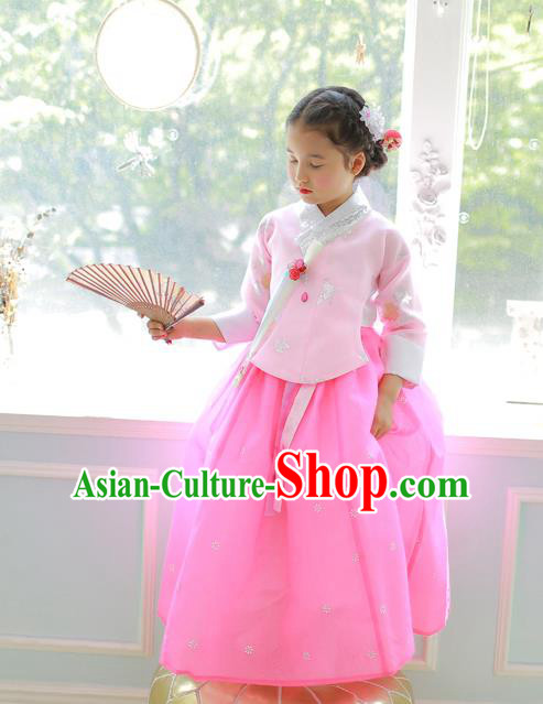 Korean National Handmade Formal Occasions Girls Clothing Palace Hanbok Costume Embroidered Pink Blouse and Dress for Kids