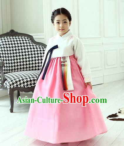 Korean National Handmade Formal Occasions Girls Clothing Palace Hanbok Costume Embroidered White Blouse and Pink Dress for Kids