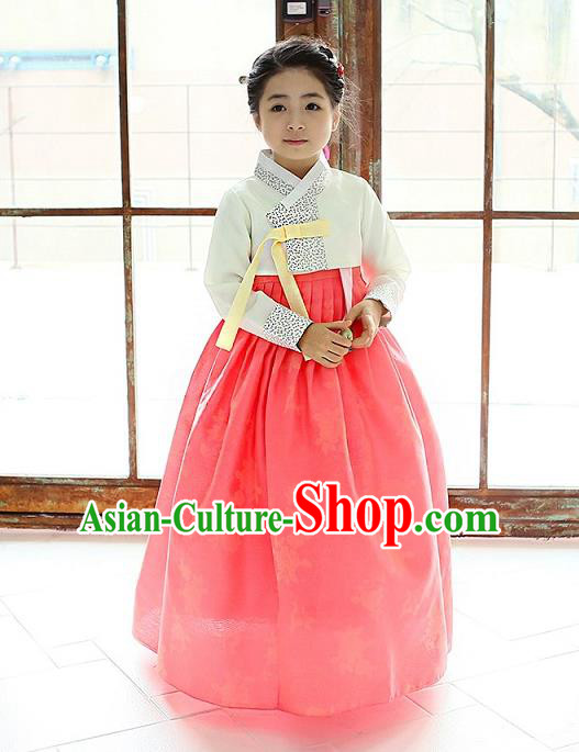 Korean National Handmade Formal Occasions Girls Clothing Palace Hanbok Costume Embroidered Beige Blouse and Pink Dress for Kids