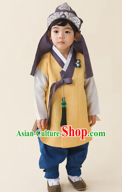 Asian Korean National Traditional Handmade Formal Occasions Boys Embroidery Yellow Vest Hanbok Costume Complete Set for Kids