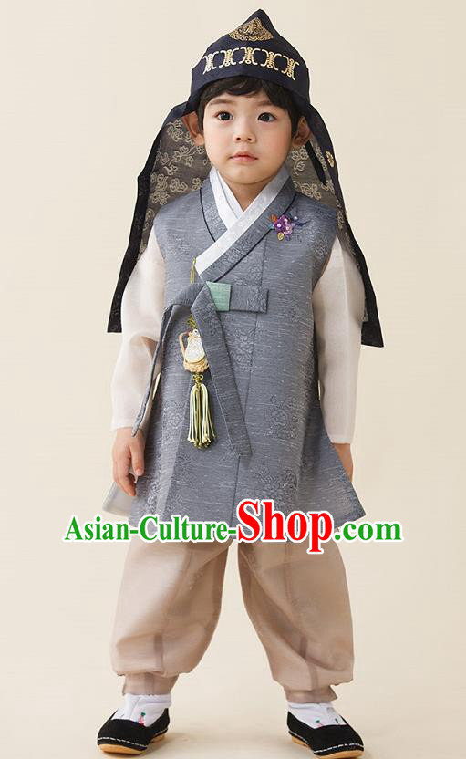 Asian Korean National Traditional Handmade Formal Occasions Boys Embroidery Light Grey Vest Hanbok Costume Complete Set for Kids